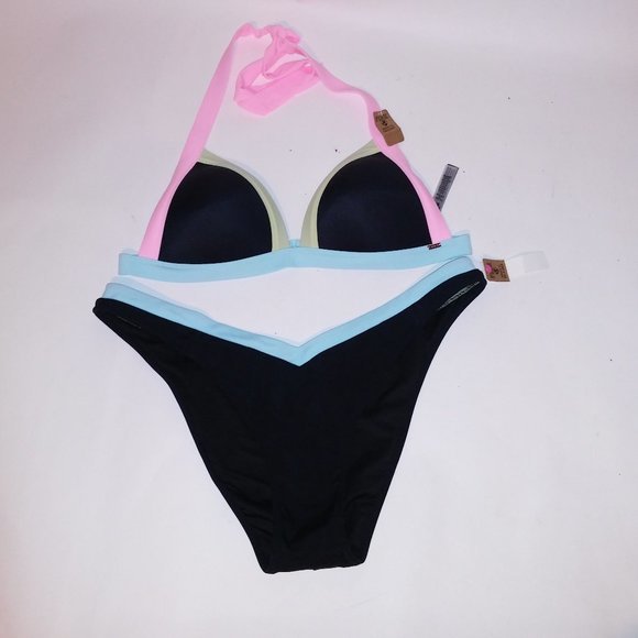 Victoria Secret PINK Swim Bikini XL Top XXL Bottom Black Pink‎ Blue Green Padded - Picture 1 of 12